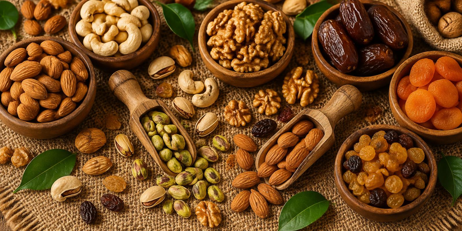 Assorted dry fruits and nuts on jute cloth
