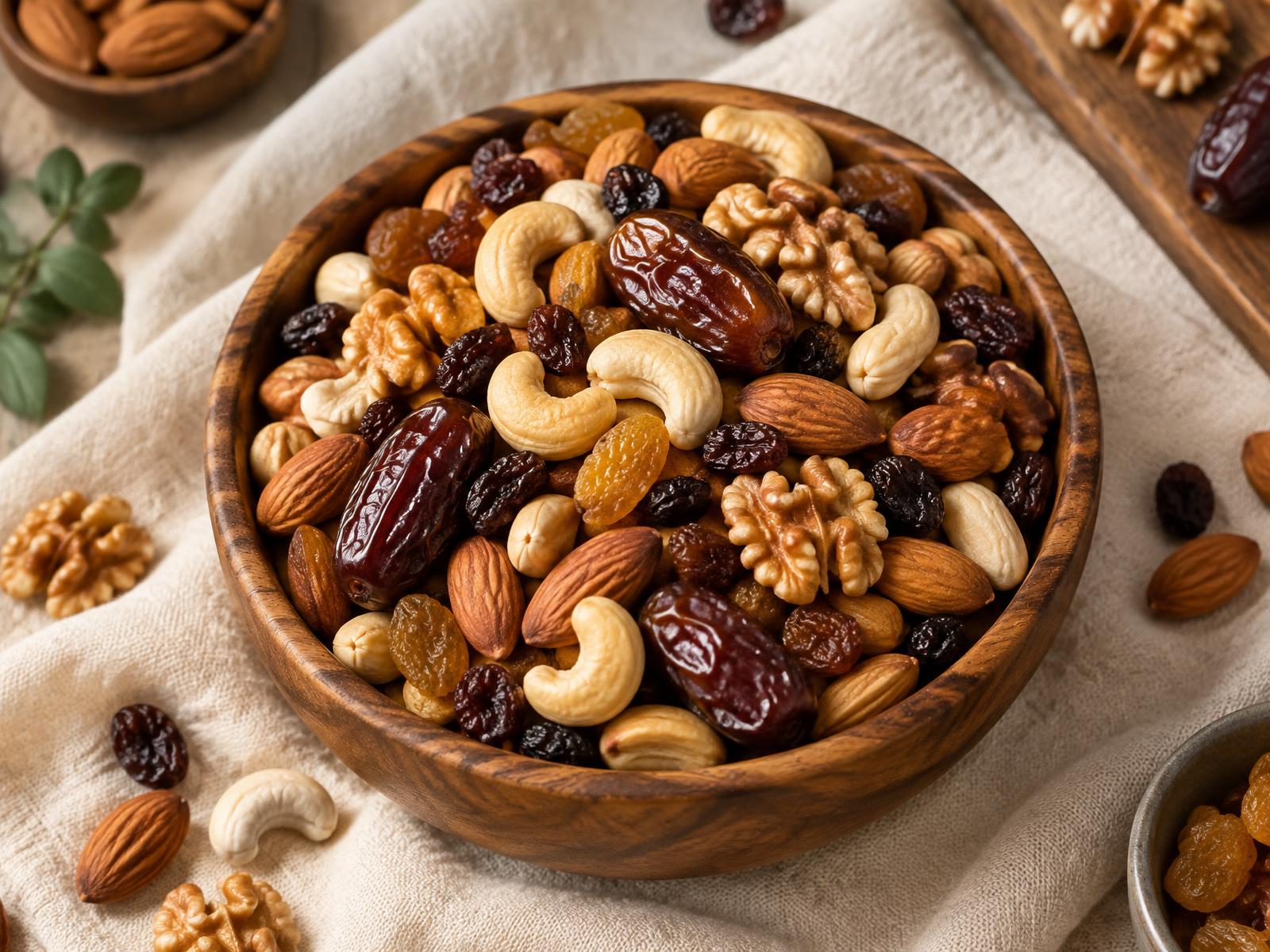 Wooden bowl overflowing with mixed dry fruits and nuts